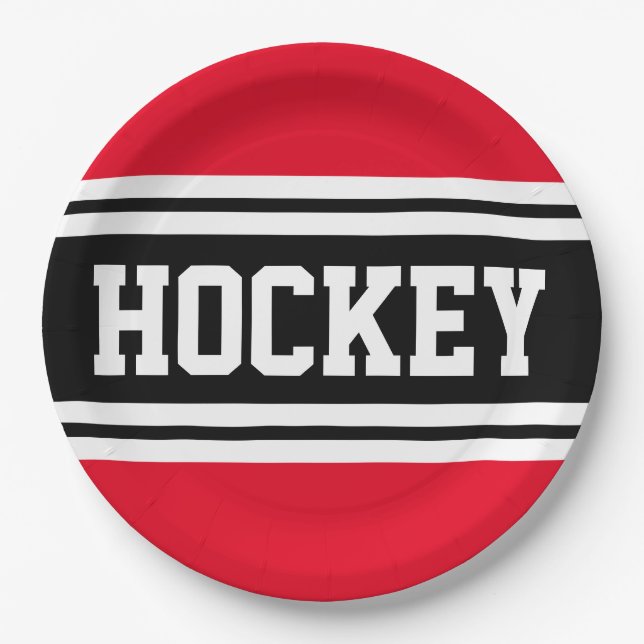 HOCKEY Bright Red Black White Racing Stripes Paper Plate (Front)