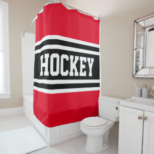 HOCKEY Bright Red Black White Racing Stripes Shower Curtain