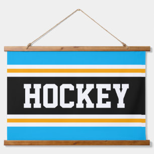 HOCKEY Bright Sky Blue Black White Yellow Stripes Hanging Tapestry