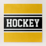 HOCKEY Bright Yellow Black White Racing Stripes  Jigsaw Puzzle<br><div class="desc">This fun athletic design features bold HOCKEY text inside black and white racing stripes against bright yellow background. The colours and text in this design can be personalised.</div>