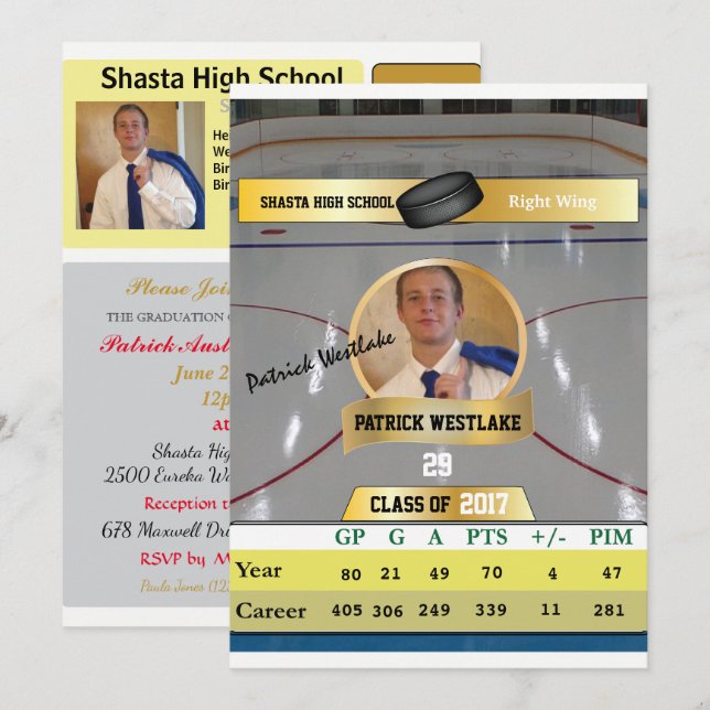 Hockey Card W/ Stats Grad Invitations - gold (Front/Back)