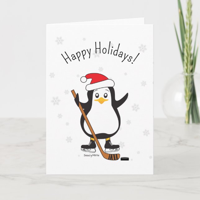 Hockey Christmas Penguin Happy Holidays Holiday Card (Front)
