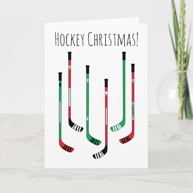 Hockey Christmas Red and Green Hockey Sticks Holiday Card (Front)