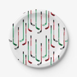 Hockey Christmas Red & Green Hockey Sticks Paper Plate