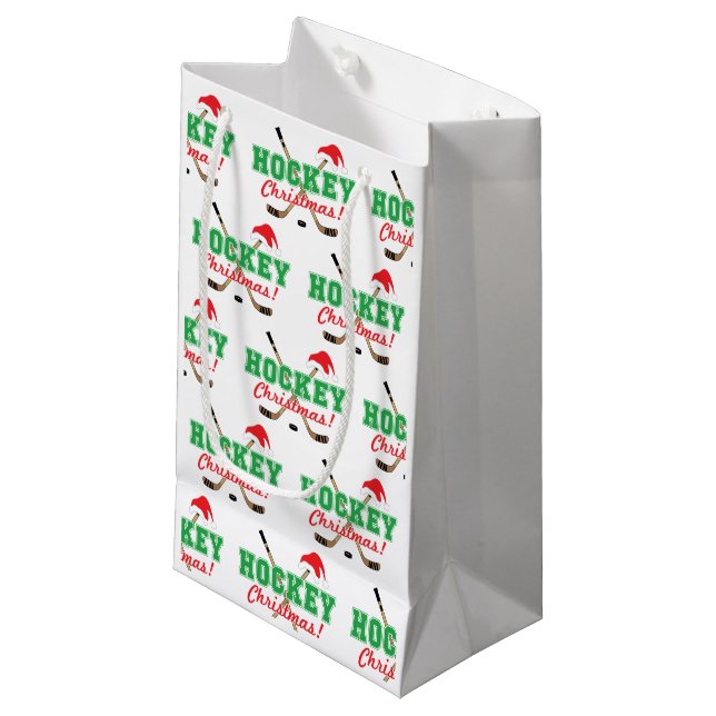 Hockey Christmas Sticks and Santa Hat Small Gift Bag (Front Angled)