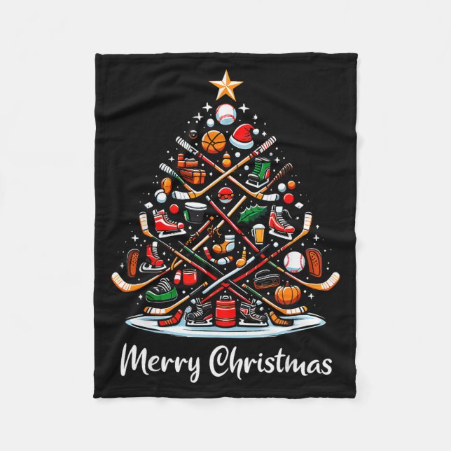 Hockey Christmas Tree Lights Funny Hockey Player X Fleece Blanket (Front)