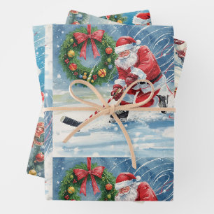Hockey Christmas with Santa Claus Wrapping Paper Sheet