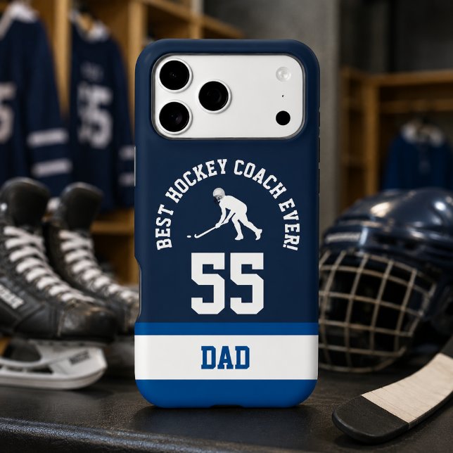 Hockey Coach Jersey Number Design (Blue hockey coach phone case with jersey number and dad personalization)