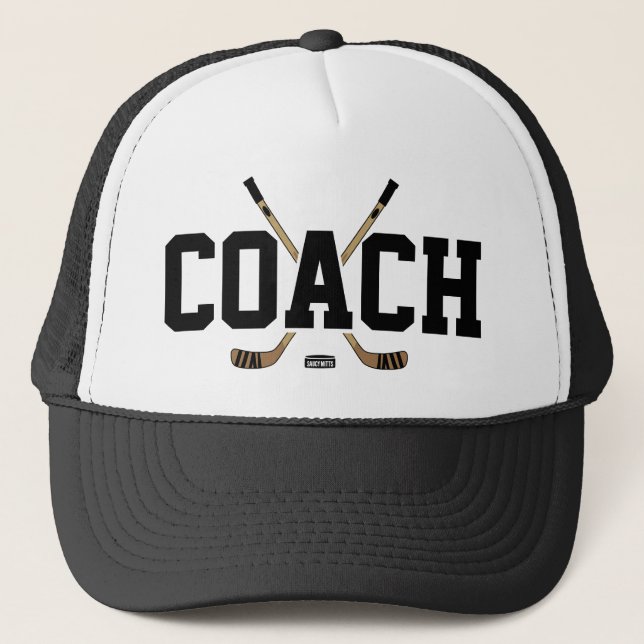 Hockey Coach Sticks and Puck Trucker Hat (Front)