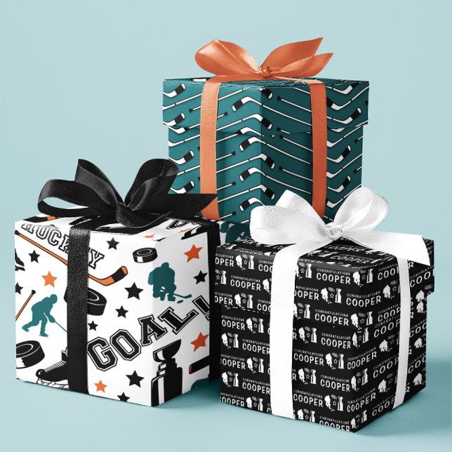 Hockey Congratulations Wrapping Paper Sheets (Congratulate a special hockey player with this fun set of personalized wrapping paper sheets! )