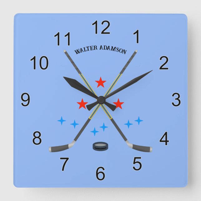 Hockey Crossed Sticks and Puck Square Wall Clock (Front)