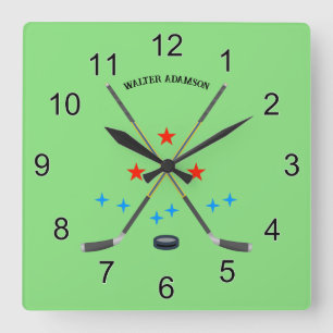 Hockey Crossed Sticks and Puck Square Wall Clock
