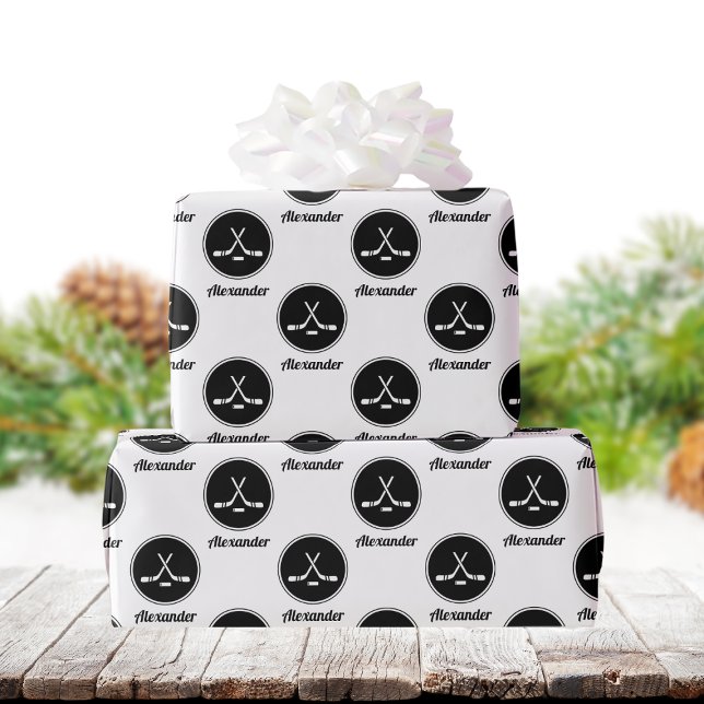 Hockey Design Black & White Classy Boys Name Sport Wrapping Paper (Creator Uploaded)