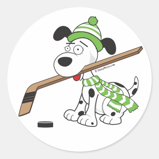 Hockey Dog with Hockey Stick Classic Round Sticker (Front)