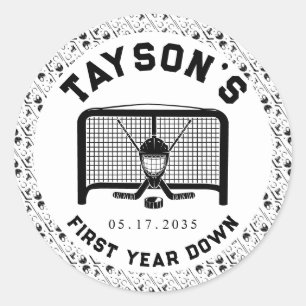 Hockey First Year Down 1st Birthday Paper Classic Round Sticker