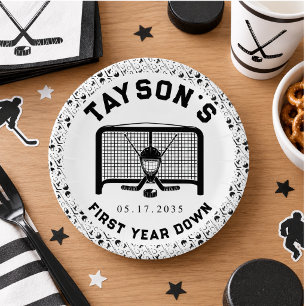Hockey First Year Down 1st Birthday Paper Plate