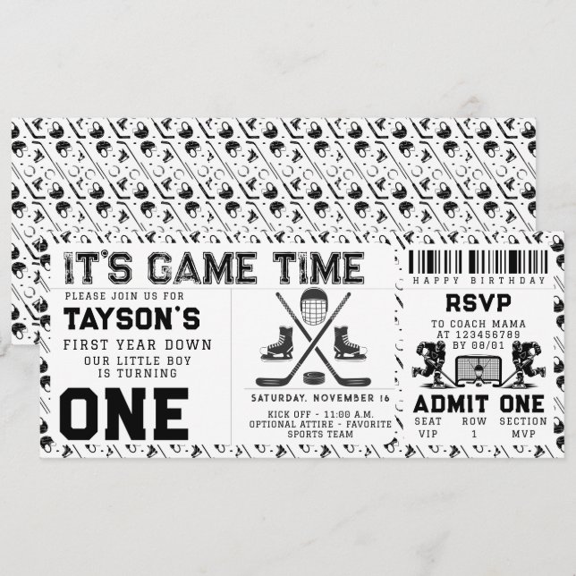 Hockey First Year Down 1st Birthday Ticket Invitation (Front/Back)