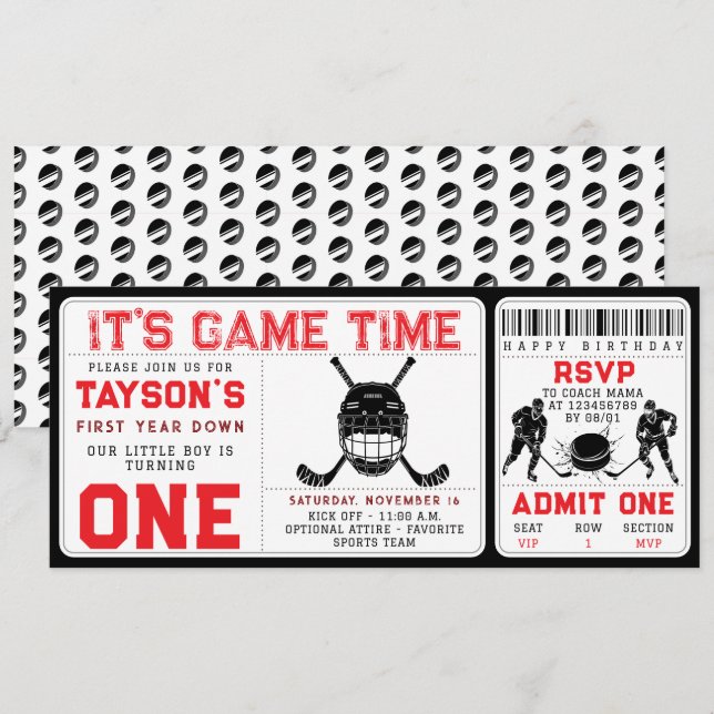 Hockey First Year Down 1st Birthday Ticket Invitation (Front/Back)