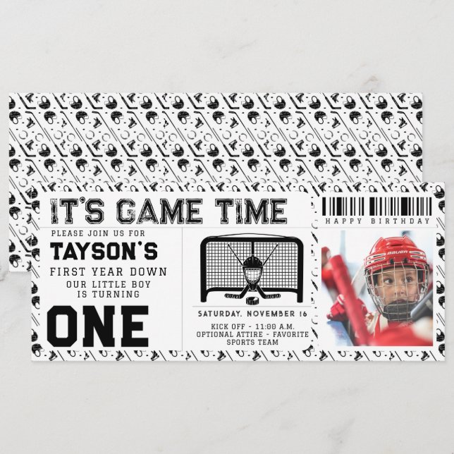Hockey First Year Down 1st Birthday Ticket Invitation (Front/Back)