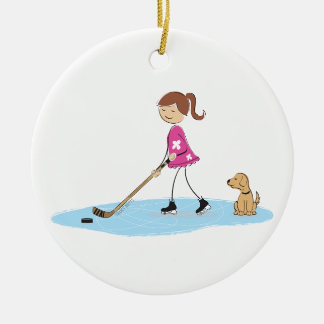Hockey Girl Cartoon Ceramic Tree Decoration (Front)