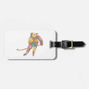 Hockey Girl Silhouette Brown Floral Name Number Luggage Tag