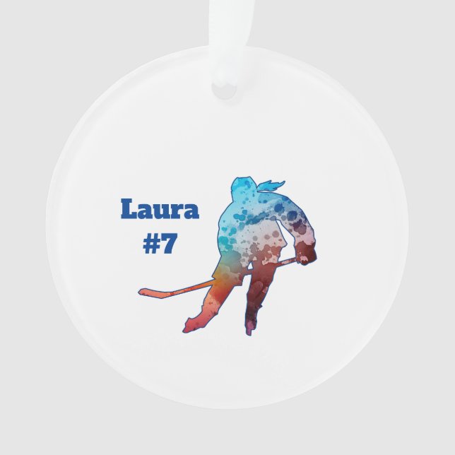 Hockey Girl Silhouette Watercolor Personalise Ornament (Front)