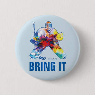 Hockey Goalie Bring It Watercolor Pinback 6 Cm Round Badge