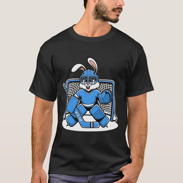 Hockey Goalie Bunny Blue Net Pads Stick Helmet  T-Shirt (Front)