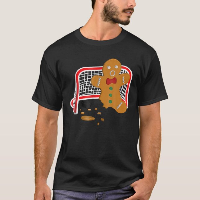 Hockey Goalie Funny Christmas Gingerbread Man Goal T-Shirt (Front)