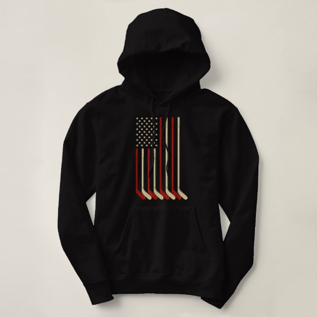 Hockey Goalie Gift USA Flag Hockey Stick Ice Hocke Hoodie (Design Front)