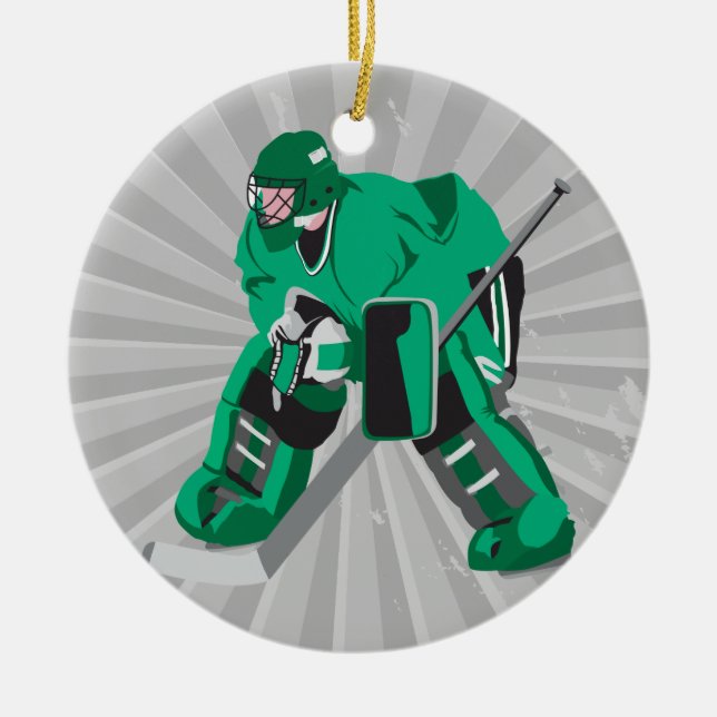 hockey goalie ready ceramic tree decoration (Front)