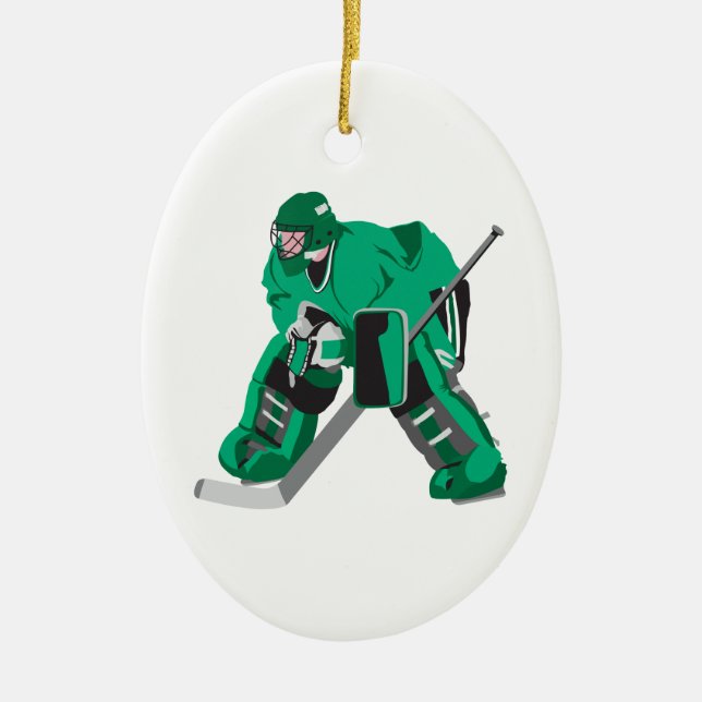 hockey goalie ready ceramic tree decoration (Front)