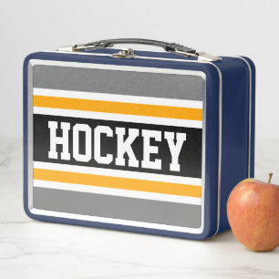 HOCKEY Grey Black White Yellow Racing Stripes Metal Lunch Box