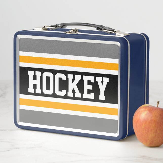HOCKEY Grey Black White Yellow Racing Stripes Metal Lunch Box (In Situ)