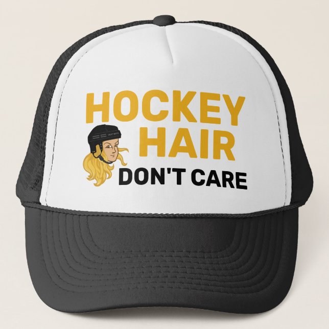 Hockey Hair Don't Care Blonde Hair Trucker Hat (Front)
