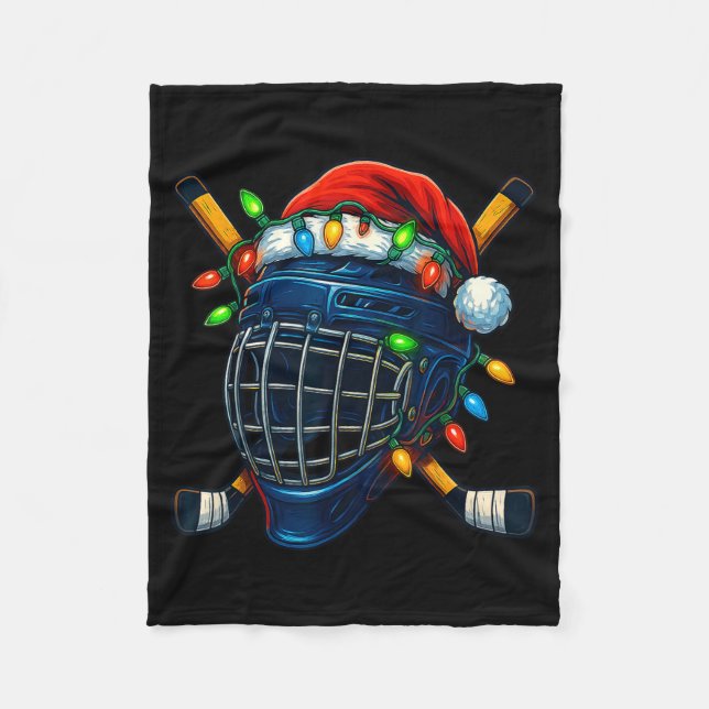 Hockey Helmet Christmas Lights Santa Hat Design Xm Fleece Blanket (Front)