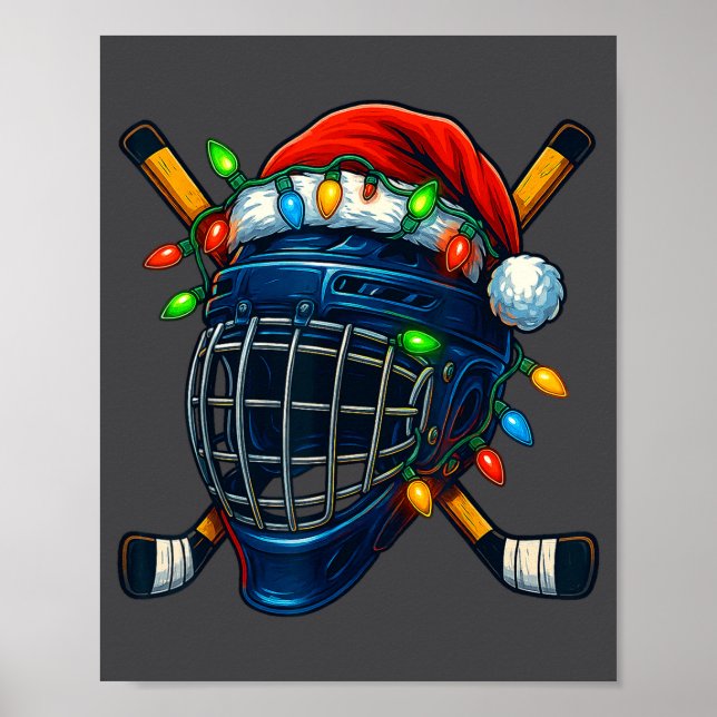 Hockey Helmet Christmas Lights Santa Hat Design Xm Poster (Front)