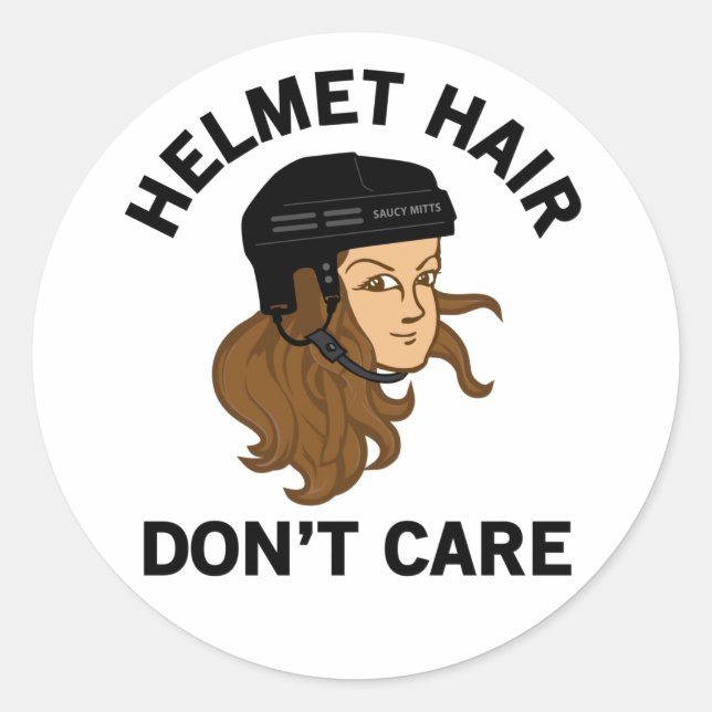 Hockey Helmet Hair Don't Care Brunette Classic Round Sticker (Front)