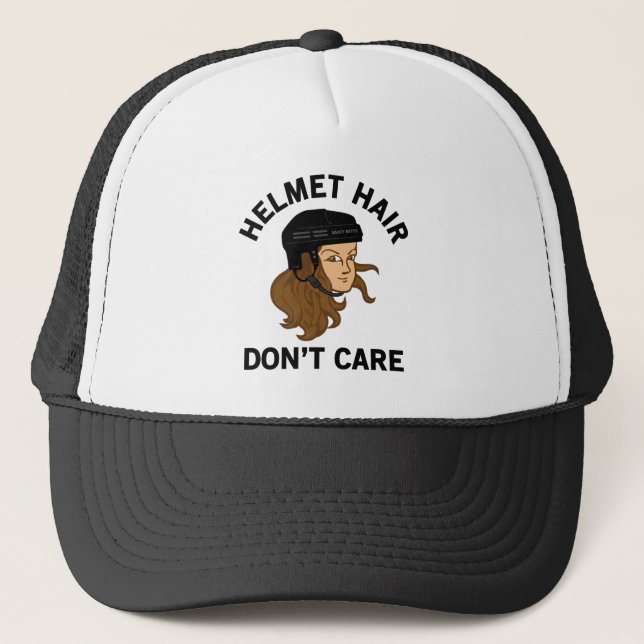 Hockey Helmet Hair Don't Care Brunette Trucker Hat (Front)