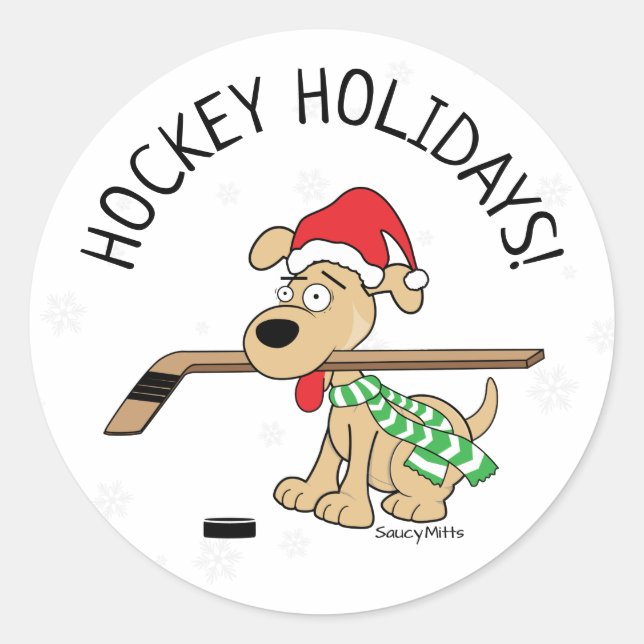 Hockey Holidays Hockey Dog Christmas Classic Round Sticker (Front)