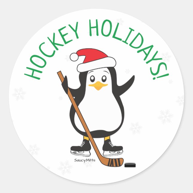 Hockey Holidays Hockey Penguin Christmas Classic Round Sticker (Front)