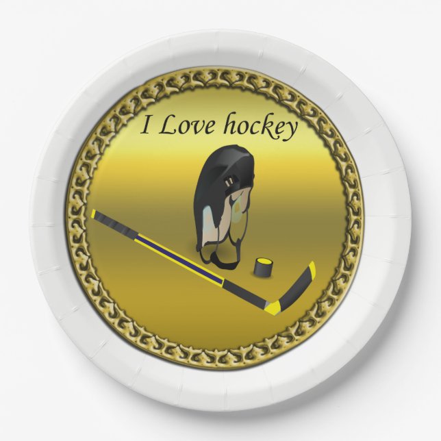 Hockey I Love custom design with stick and helmet Paper Plate (Front)