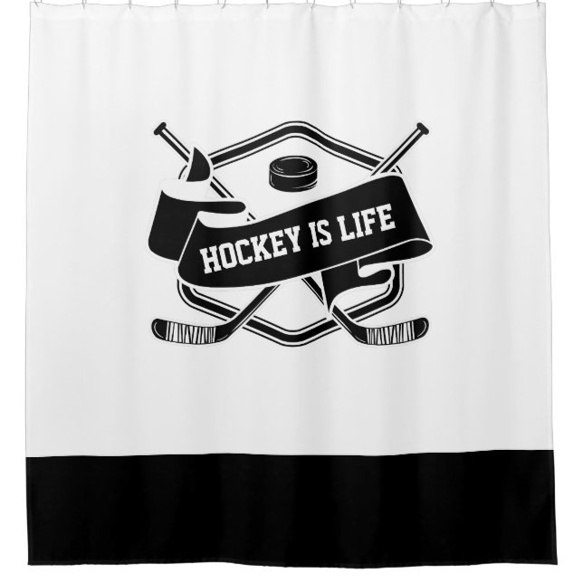Hockey Is Life - Simple Black White Hockey Badge Shower Curtain (Front)