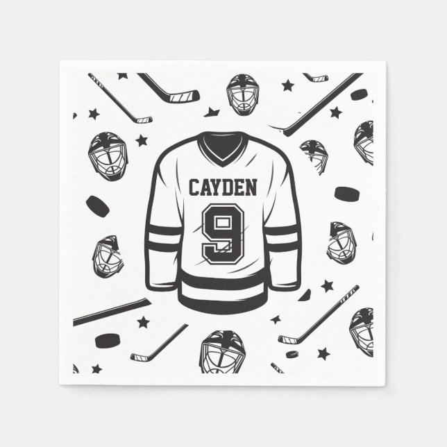 Hockey jersey black and white 9th birthday napkin (Front)