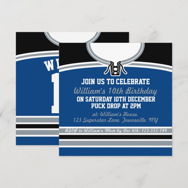 Hockey Jersey Themed Party Invites Template, Blue (Front/Back)