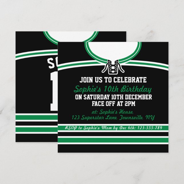Hockey Jersey Themed Party Invites Template, Green (Front/Back)