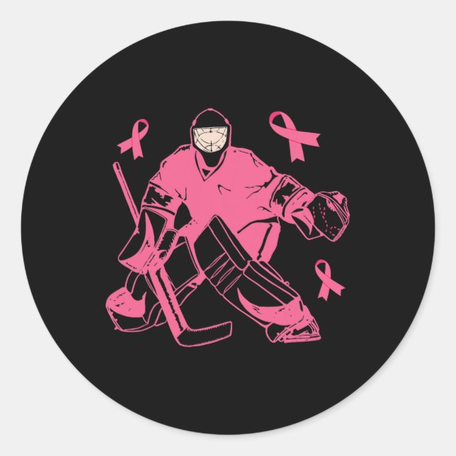 Hockey Keeper Pink Ribbon Breast Cancer Awareness  Classic Round Sticker (Front)