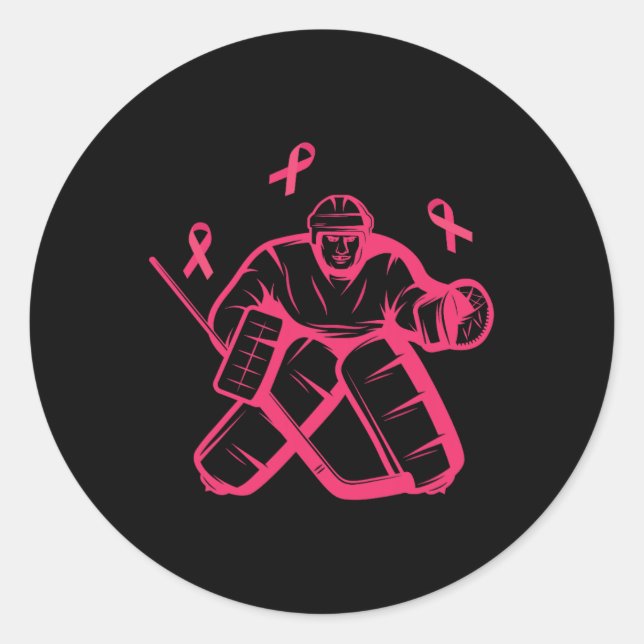 Hockey Keeper Pink Ribbon Breast Cancer Awareness  Classic Round Sticker (Front)