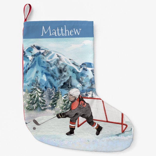 Hockey Lover Snow Personalised Ice  Small Christmas Stocking (Front)