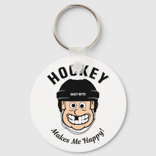Hockey Makes Me Happy Funny Cartoon Hockey Player Key Ring